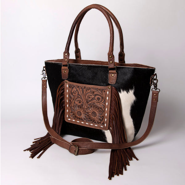 ADBG663 American Darling Hand Tooled Floral & Hair-On Cowhide Western Leather Tote Bag