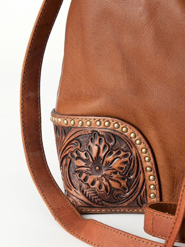 LC-ADBGI162 Western Leather Bucket Bag - Tooled Corners with Drawstring Closure