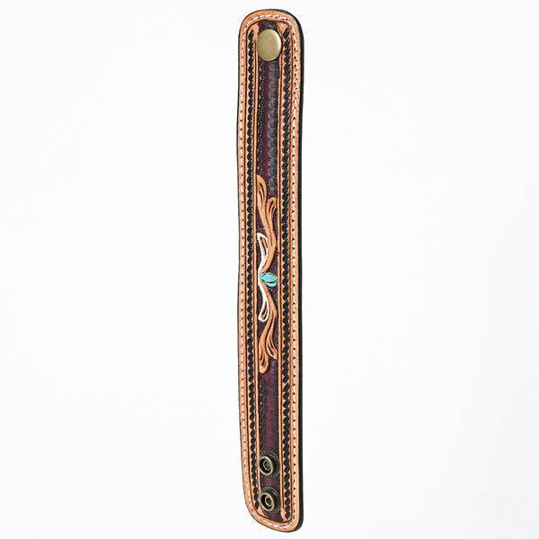 LC-ADBRF149 Hand Tooled Leather Cuff Bracelet - Floral Scroll with Turquoise Accent & Braided Border