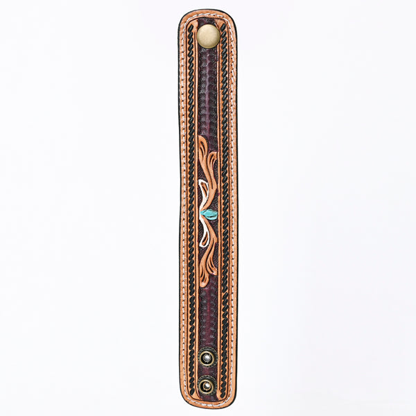 LC-ADBRF149 Hand Tooled Leather Cuff Bracelet - Floral Scroll with Turquoise Accent & Braided Border