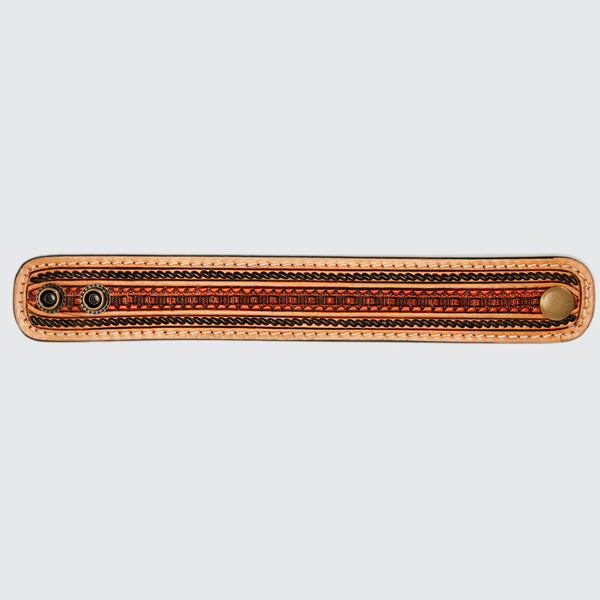 LC-ADBRF151 Hand Tooled Leather Cuff Bracelet - Basketweave Center with Braided Edge