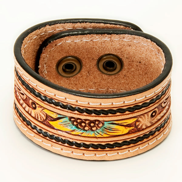LC-ADBRF152 Hand Tooled Leather Cuff Bracelet - Sunflower Floral Design with Braided Edge