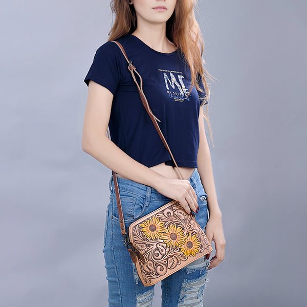 ADBG666 Hand-Tooled Leather Crossbody Bag with Sunflower Floral Design