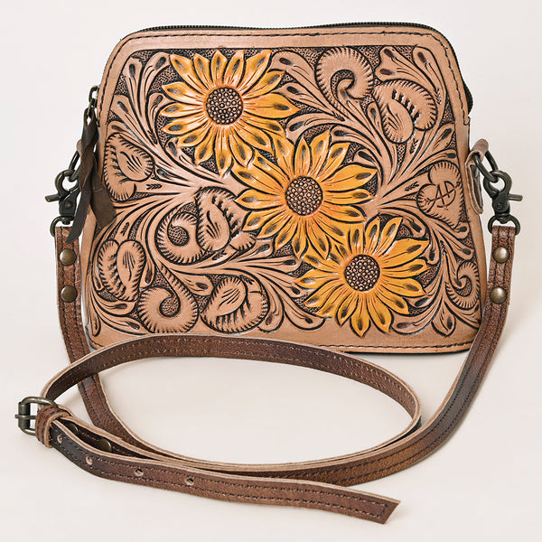 ADBG666 Hand-Tooled Leather Crossbody Bag with Sunflower Floral Design