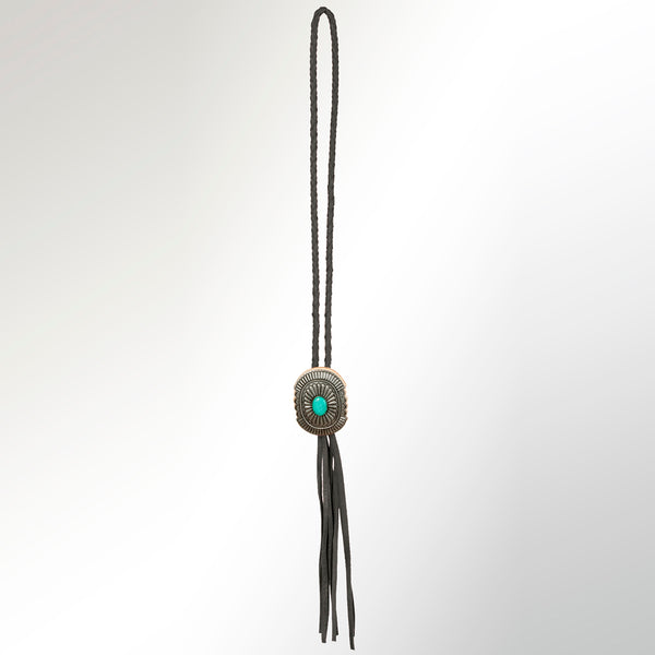 LC-ADJW107B Antique Black Western Jewelry Necklace with Oval Turquoise Stone & Braided Leather Cord