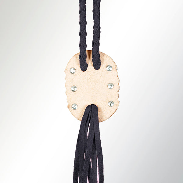 LC-ADJW107B Antique Black Western Jewelry Necklace with Oval Turquoise Stone & Braided Leather Cord