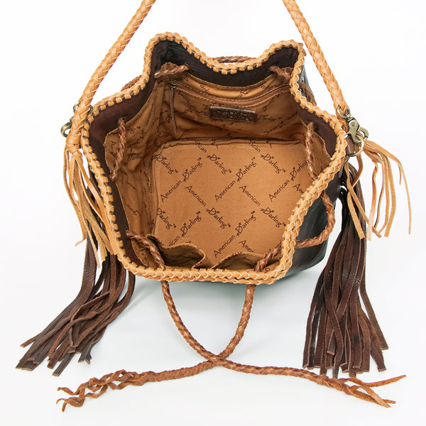 ADBGD140 American Darling Handcrafted Leather Bucket bag with Fringes & Braided Drawstring
