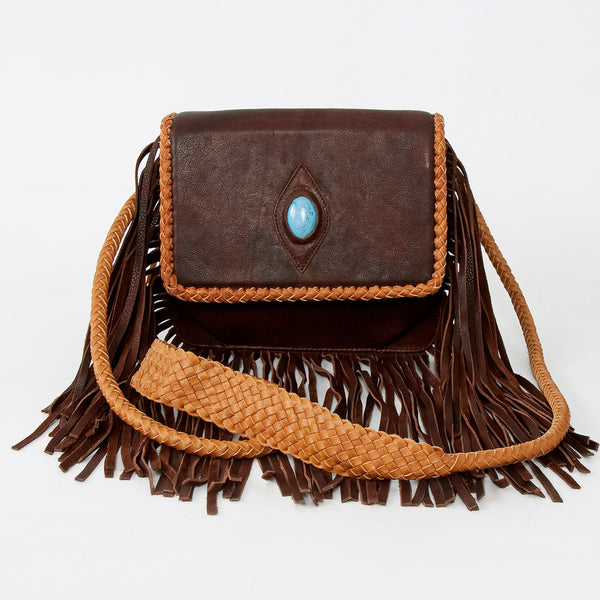 ADBGD141 American Darling Handcrafted Leather Cross body Bag with Stone & Long Fringes
