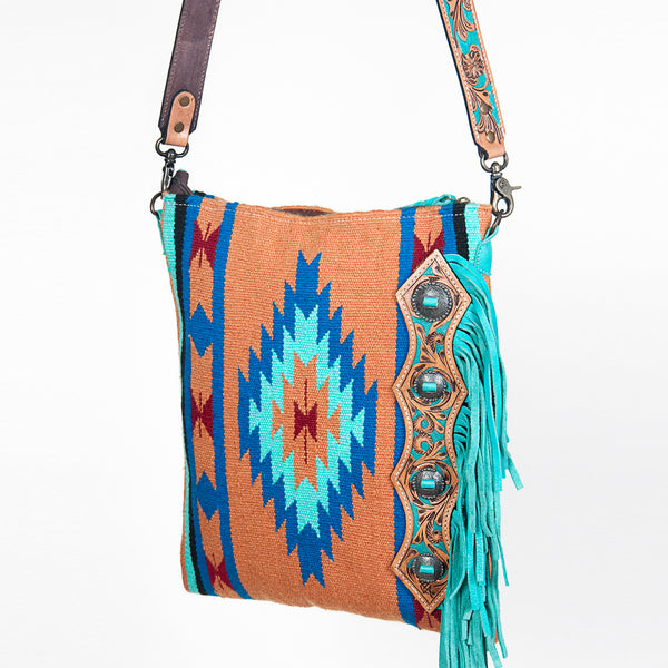 ADBG677 American Darling Hand Tooled Saddle Blanket Large Cross body Bag with Fringes