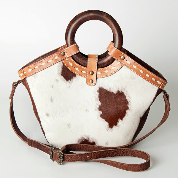 ADBG689B Western Hair On Leather Tote Bag with Wooden Handles American Darling Handcrafted Shoulder Bag