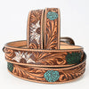LC-ADBLF114 Hand-Tooled Leather Belt - Floral Carving with Sunflower & Turquoise Accents