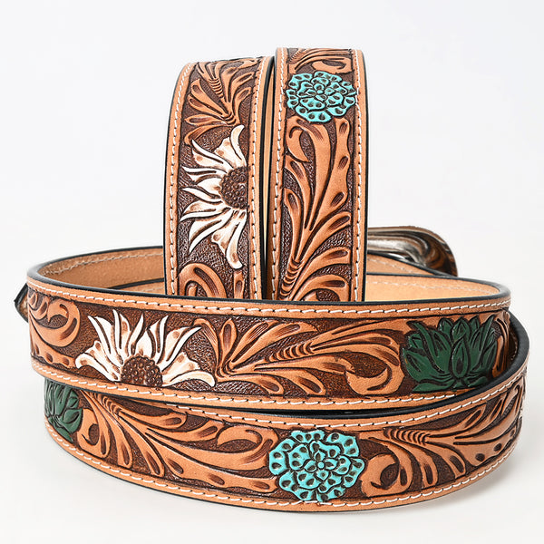 LC-ADBLF114 Hand-Tooled Leather Belt - Floral Carving with Sunflower & Turquoise Accents