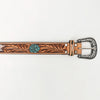 LC-ADBLF114 Hand-Tooled Leather Belt - Floral Carving with Sunflower & Turquoise Accents