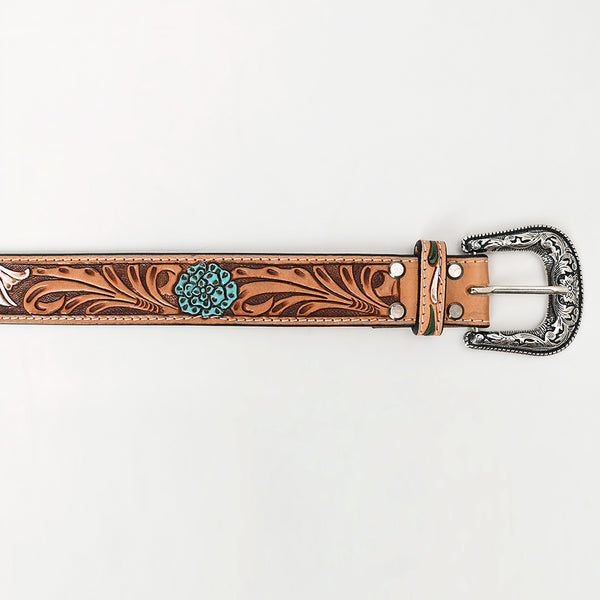 LC-ADBLF114 Hand-Tooled Leather Belt - Floral Carving with Sunflower & Turquoise Accents