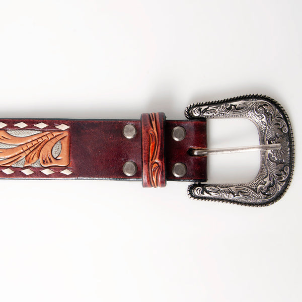 LC-ADBLF120 Tooled Leather Belt - Red Floral with Tan Scrolls and Diamond Border
