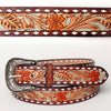 LC-ADBLF120 Tooled Leather Belt - Red Floral with Tan Scrolls and Diamond Border