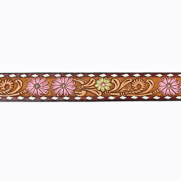 LC-ADBLF121 Tooled Leather Belt - Pink & Yellow Daisies with White Diamond Trim