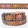 LC-ADBLF121 Tooled Leather Belt - Pink & Yellow Daisies with White Diamond Trim