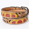 LC-ADBLF124 Tooled Leather Belt - Pink Flowers & Sunflower Motif on Black Base