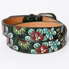 LC-ADBLF125 Tooled Leather Belt - Colorful Floral & Heart Design on Dark Green Base