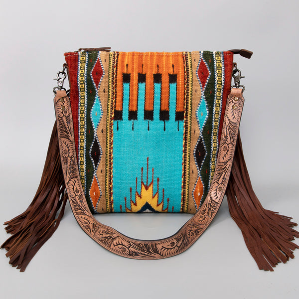 ADBG510 Tooled Leather & Saddle Blanket Crossbody Bag Western Fringe Purse - American Darling