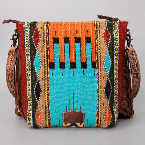 ADBG510 Tooled Leather & Saddle Blanket Crossbody Bag Western Fringe Purse - American Darling