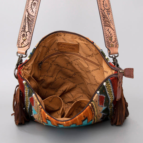 ADBG510 Tooled Leather & Saddle Blanket Crossbody Bag Western Fringe Purse - American Darling