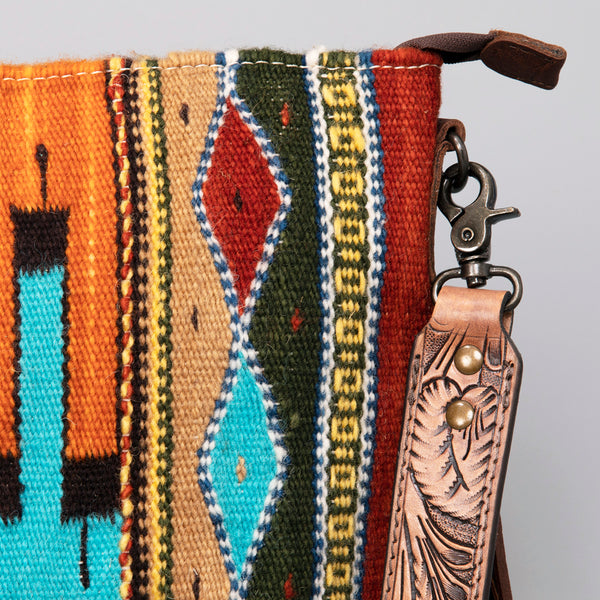 ADBG510 Tooled Leather & Saddle Blanket Crossbody Bag Western Fringe Purse - American Darling