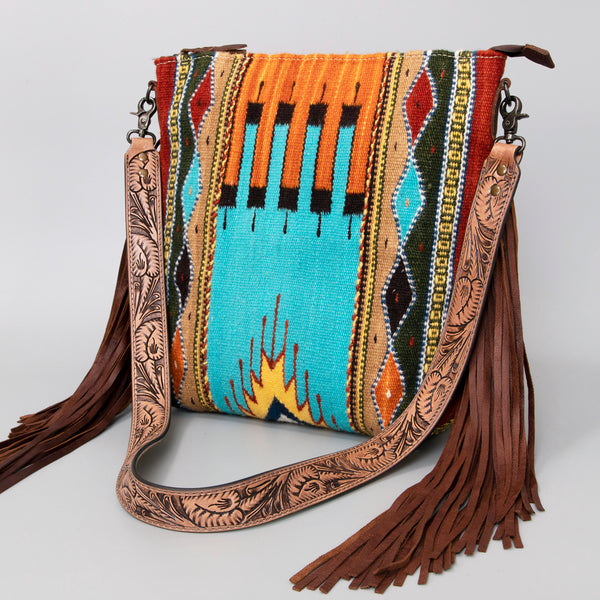 ADBG510 Tooled Leather & Saddle Blanket Crossbody Bag Western Fringe Purse - American Darling