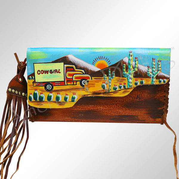 ADBGM136 Cowgirl Hand-Painted Leather Clutch - Western Art with Fringe and Stud Detail