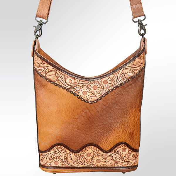 ADBG702B Western Sunflower Tooled Leather Messenger Shoulder Bag Large Pebbled Leather Travel Purse