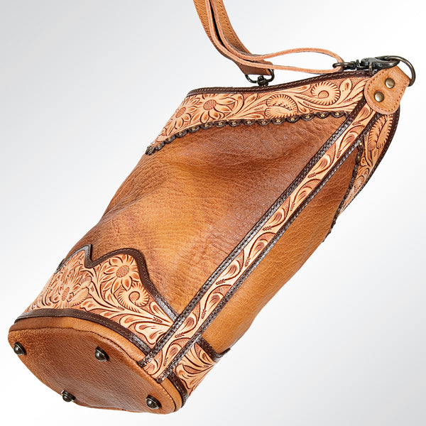 ADBG702B Western Sunflower Tooled Leather Messenger Shoulder Bag Large Pebbled Leather Travel Purse