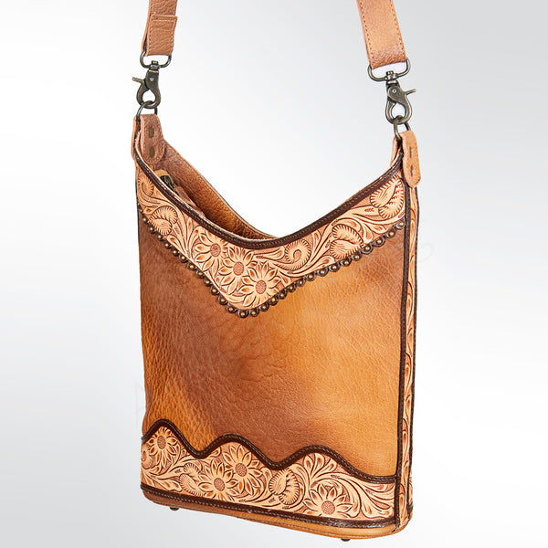 ADBG702B Western Sunflower Tooled Leather Messenger Shoulder Bag Large Pebbled Leather Travel Purse