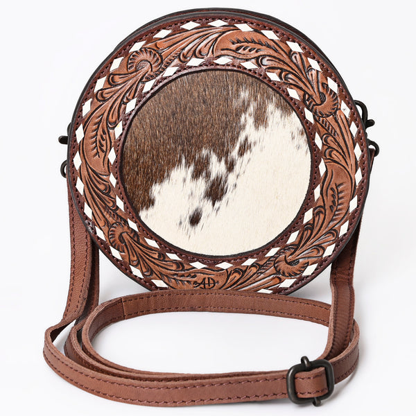 ADBGZ389 Round Cowhide & Tooled Leather Canteen Bag - Western Hair-On Hide Circle Purse