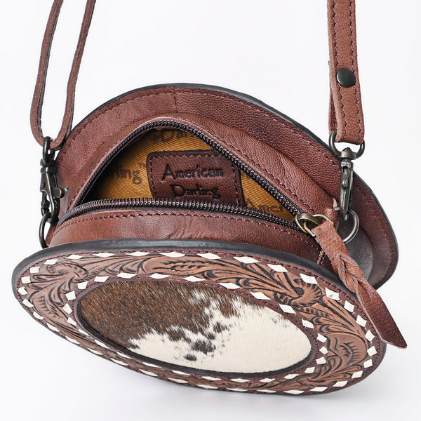 ADBGZ389 Round Cowhide & Tooled Leather Canteen Bag - Western Hair-On Hide Circle Purse