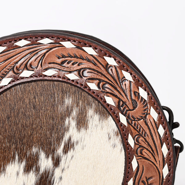 ADBGZ389 Round Cowhide & Tooled Leather Canteen Bag - Western Hair-On Hide Circle Purse