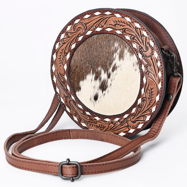 ADBGZ389 Round Cowhide & Tooled Leather Canteen Bag - Western Hair-On Hide Circle Purse