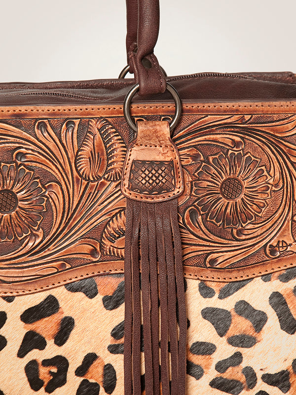 LC-ADBGZ200A Leopard Print Cowhide & Tooled Leather Tote Bag - Western Fringe Handbag with Shoulder Strap