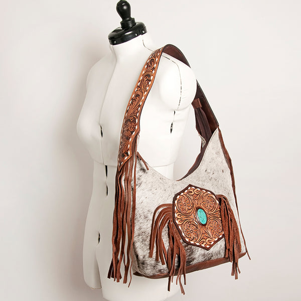 ADBGI112 Sage Western Hobo Bag - Genuine Leather with Tan Hair-On Hide & Tooled Strap