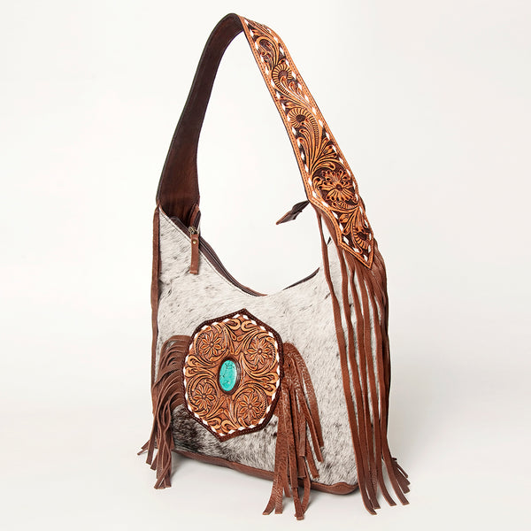 ADBGI112 Sage Western Hobo Bag - Genuine Leather with Tan Hair-On Hide & Tooled Strap