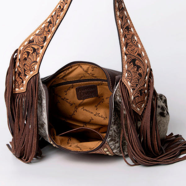 LC-ADBGI112 Becca Western Hobo Bag - Hair-On Hide with Floral Tooled Leather & Fringe