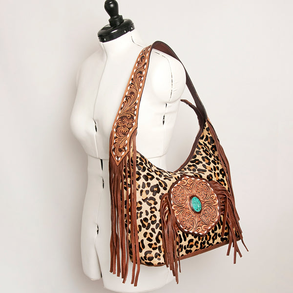 ADBGI112 Sage Western Hobo Bag - Genuine Leather with Tan Hair-On Hide & Tooled Strap