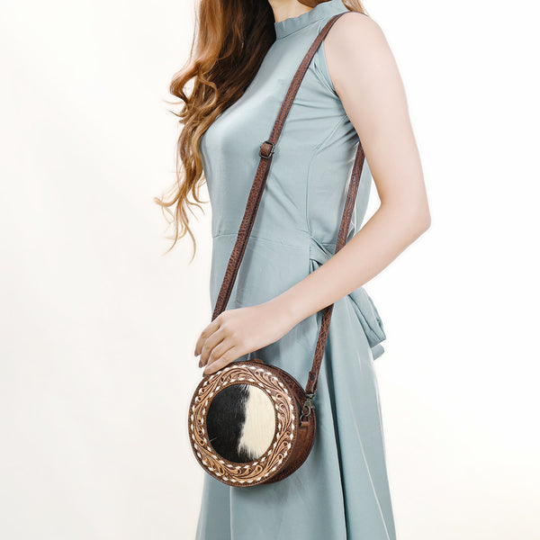 ADBGZ389 Round Cowhide & Tooled Leather Canteen Bag - Western Hair-On Hide Circle Purse