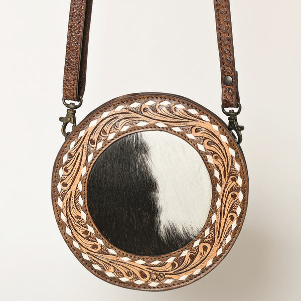 ADBGZ389 Round Cowhide & Tooled Leather Canteen Bag - Western Hair-On Hide Circle Purse
