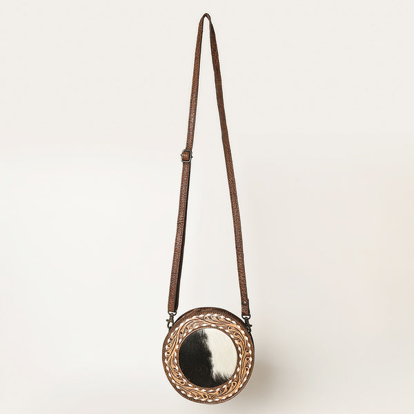 ADBGZ389 Round Cowhide & Tooled Leather Canteen Bag - Western Hair-On Hide Circle Purse