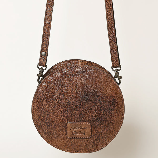 ADBGZ389 Round Cowhide & Tooled Leather Canteen Bag - Western Hair-On Hide Circle Purse