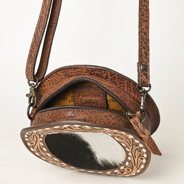 ADBGZ389 Round Cowhide & Tooled Leather Canteen Bag - Western Hair-On Hide Circle Purse