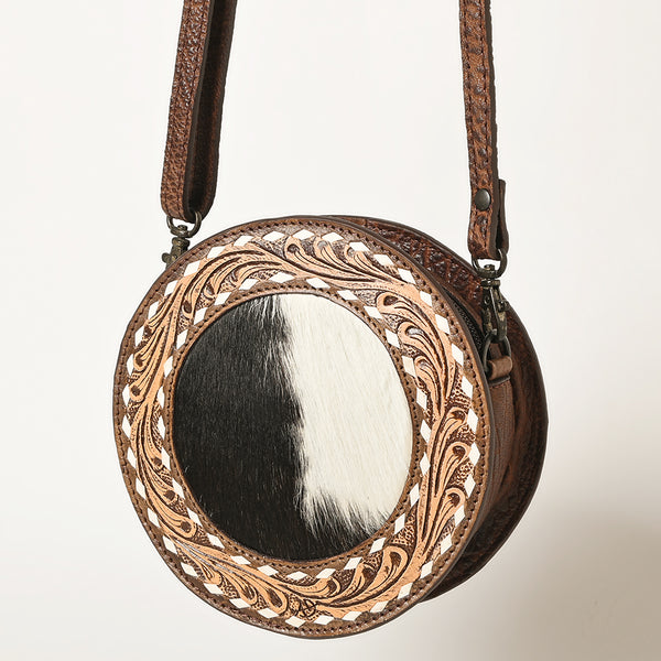ADBGZ389 Round Cowhide & Tooled Leather Canteen Bag - Western Hair-On Hide Circle Purse