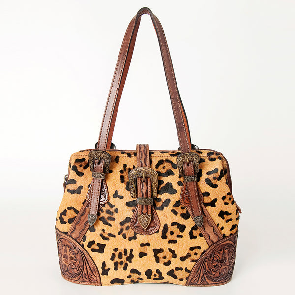 ADBGI183 Hair On Western Satchel - Tooled Leather Cowgirl Purse with Buckles