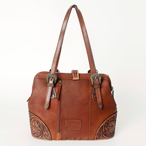 ADBGI183 Hair On Western Satchel - Tooled Leather Cowgirl Purse with Buckles